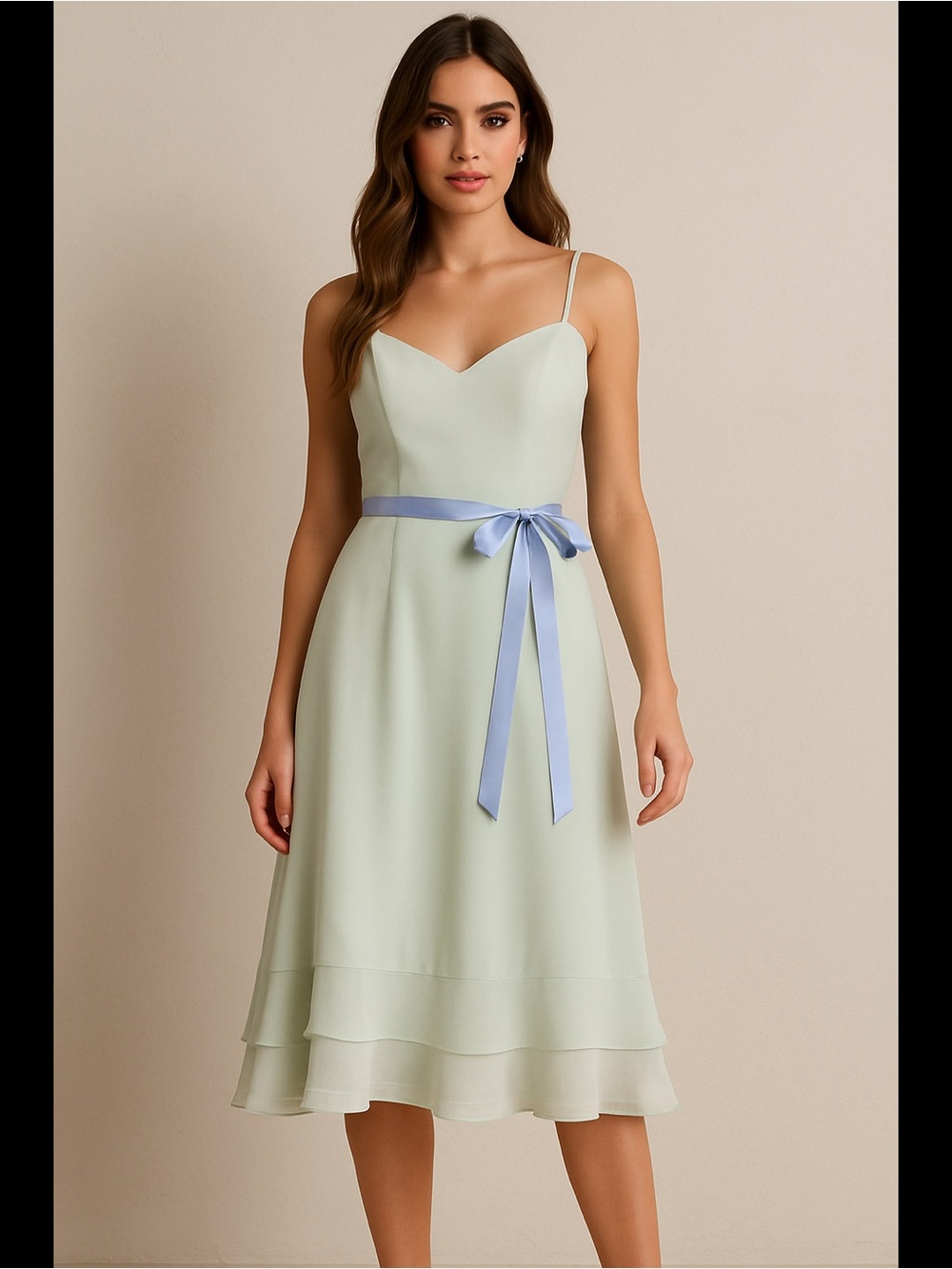 Wtoo Vintage Sage Mint Midi Dress Satin Waist Tie 10 Cottagecore Coquette Y2K